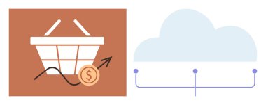 Yukarı doğru grafikli alışveriş sepeti ve madeni para iş büyümesini simgeliyor. Teknoloji entegrasyonu için bağlantı hatları olan bulut. E-ticaret, analitik, fintech, yenilik, dijital dönüşüm için ideal