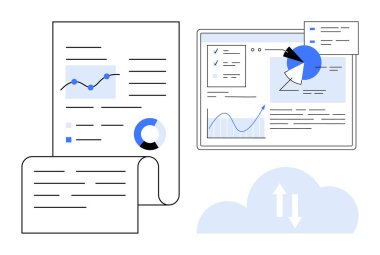 Grafikler, grafikler ve veri içeren belgeler dijital arayüz görüntüleme bilgi grafiklerine, bulut senkronizasyonuna bağlanıyor. Analiz, iş stratejisi, takım çalışması, raporlama ve yenilik için ideal