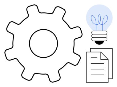Dişliler süreci gösterir, ampul yeniliği simgeler ve belge planlama veya belgelemeyi yansıtır. Üretkenlik, planlama, takım çalışması, iş stratejisi, sorun çözme, yaratıcılık için ideal