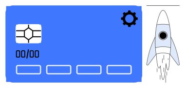 Roket fırlatma ile eşleştirilmiş çip ve ayarlar ikonlu mavi ödeme kartı. Fintech, inovasyon, girişim, ödeme, hız, ilerleme ve otomasyon temaları için ideal. Temiz düz metafor