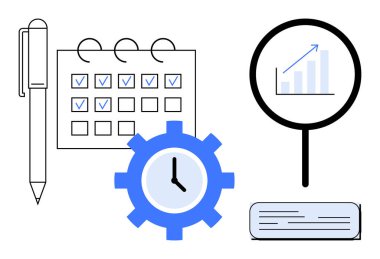 Kalem, kontrol işaretli takvim, vitesteki saat, büyüme grafikli büyüteç ve belge. Zaman yönetimi, planlama, büyüme organizasyonu üretkenlik işi için ideal. Basit.