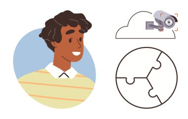 Gülümseyen kişi, çözümleri temsil eden yapboz, gözetleme kameralı bulut deposu. Yenilik, güvenlik, takım çalışması, bulut hesaplama, problem çözme teknolojisi işbirliği için idealdir. Basit.