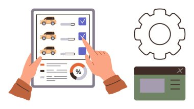 Kontrol işaretli arabaları, vites simgesini ve vites penceresini seçmek için tablet kullanan eller. Teknoloji, kullanıcı arayüzü, araç yönetimi, kişiselleştirme, veri toplama, otomasyon için ideal