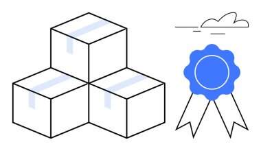Kaliteli rozeti ve bulut çizgisi olan üç kutu. Lojistik, nakliye, ambalaj, dağıtım, kalite güvencesi, iş güvenilirliği, ürün markalaşması için ideal. Basit düz metafor