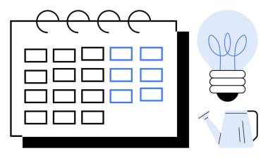 Vurgulanmış günleri olan spiral takvim, bir sulama kutusu ve filizlenen yapraklı bir ampul. Planlama, zaman yönetimi, büyüme, yenilik, üretkenlik, fikir yaratıcılığı için ideal düz düz