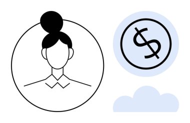 Profilde belirtilmiş kadın avatar, daire şeklinde dolar işareti, açık mavi bulut. Finans, girişimcilik, dijital profil, kariyer, tasarruf bulutu hesaplaması için ideal. Basit bir daire.