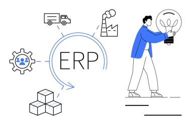 Ekipman, kamyon, fabrika ve ürün ikonlarıyla ERP konsepti, elinde ampul tutan adam. İş stratejisi, lojistik, tedarik zinciri, yenilik imalat ekibi yönetimi için ideal daire