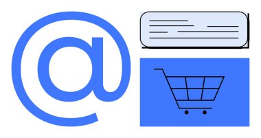 E-posta sembolü, iletişim için mesaj kutusu, e-ticareti sembolize eden alışveriş arabası, online alışveriş. Dijital pazarlama, e-ticaret, iletişim, online iş, e-posta promosyonları için ideal modern