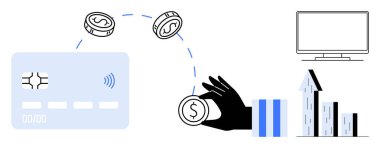Kablosuz sinyal alışverişi yapan kredi kartı, yükselen çubuk grafikler ve masaüstü ekranı. Fintech, bankacılık, dijital cüzdan, analitik, e-ticaret, tasarruf uygulaması için ideal basit iniş sayfası