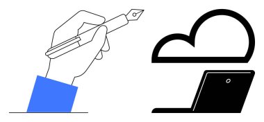 Elde tutulan dolmakalem yaratıcılığı simgeliyor, dizüstü bilgisayarın yanında dijital depolamayı yansıtan bulut sembolü var. Teknoloji, yenilik, uzak çalışma, içerik oluşturma, eğitim, üretkenlik için ideal