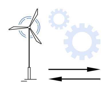 Rüzgâr türbini rüzgar enerjisini çarklar ve hareket eden oklarla çevrili enerjiye dönüştürüyor. Sürdürülebilirlik, yenilenebilir enerji, mühendislik, yenilik, endüstri, verimlilik, yeşil