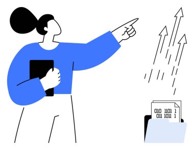 Bir tablet tutan ve bir klasördeki ikili verilerin yakınındaki yükselen okları gösteren bir kadın, büyümeyi, liderliği, yeniliği simgeliyor. Analiz, strateji, teknoloji, ilerleme, takım çalışması için ideal