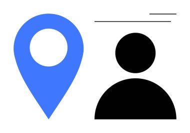 GPS, navigasyon, kullanıcı konumu ve kişisel kimliği temsil eden minimalist çizgilerle mavi lokasyon ve siyah kullanıcı silueti. Haritalama, coğrafi etiketleme, kullanıcı profilleri, analitik ve uygulamalar için ideal