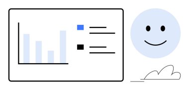 Ekranda, bulutlu gülen yüzün yanında bar çizelgesi ve etiketler var. Analiz için ideal, veri görselleştirme, iş başarısı, olumlu geri bildirim, üretkenlik, strateji, basit düz metafor