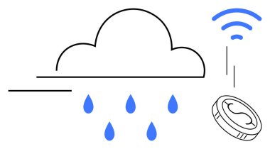 Bulut, kablosuz sinyal ve para ile mavi yağmur damlası verilerini yayar ve bağlantı, veri değişimi ve para birimini temsil eder. Teknoloji, finans, yenilik, IOT, bulut hesaplama ve ekonomi için ideal