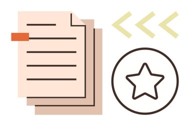 Üstü çizilmiş kağıtlar, daire ve oklarla çevrili yıldızlar. Kalite güvencesi, sertifika, içerik yönetimi, başarı, sıralama, iş akışı incelemesi için ideal. Basit.