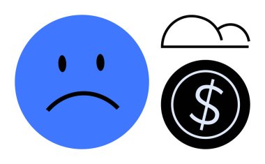 Mavi üzgün surat ve kara para basit bir bulut anahatının altında. Finans, stres, belirsizlik, duygular, risk, ekonomi, ruh hali kavramları için idealdir. Basit düz metafor