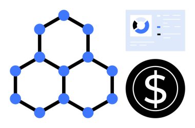 Altıgen engelleme ağı, analitik şema ve dolar işareti paralar teknoloji, finans ve veri uygulamalarını vurguluyor. Kripto para birimi, fintech, büyük veri, yatırım defteri sistemleri için ideal