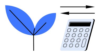 Hesap makinesinin yanında mavi yaprak ve yön okları var. Sürdürülebilirlik, eko-ticaret, yatırım, mali planlama, çevre hedefleri, kaynak yönetimi, basit düz metafor