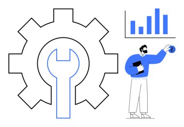 Elinde dosya olan teknisyen, veri grafiğinin yanında vites şeklinde bir alet tutuyor. Mühendislik, teknoloji, üretkenlik, analiz, bakım, yenilik ve problem çözme için ideal. Basit düz