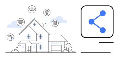 Enerji kontrolü, güvenlik ve aydınlatma da dahil olmak üzere akıllı ev IoT cihazlarına sahip modern bir ev, bir ağ ikonu ile birbirine bağlı. Otomasyon, yenilik, teknoloji, bağlantı, güvenlik için ideal