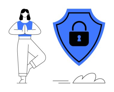 Yoga yapan bir kadın kilit sembolüyle kalkanın yanında duruyor, farkındalık ve siber güvenliği birleştiriyor. Refah, güvenlik, denge, mahremiyet, dijital güvenlik, farkındalık, kişisel büyüme için ideal