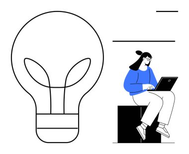 Küpte dizüstü bilgisayarı olan bir kadın, fikirleri sembolize eden büyük bir ampul çizgisi, asgari çizgiler. Yenilik, yaratıcılık, iş, eğitim, profesyonellik teknolojisi ve tasarım için ideal. Basit.