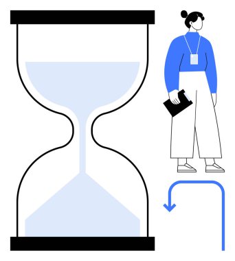 Büyük kum saati ve okun yanında duran kadın, zamanı, planlamayı, verimliliği, teslim tarihlerini, öncelikleri, kişisel gelişimi ve karar vermeyi sembolize ediyor. İş kariyeri için ideal.