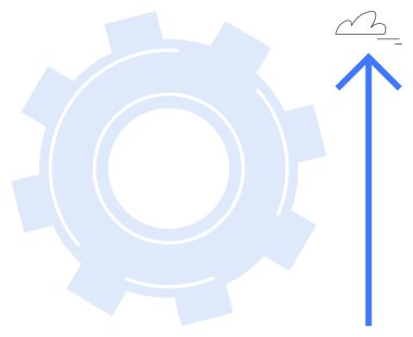 Bulut motifine giden cesur bir okun yanında ilerleyişi, bulut teknolojisini ve yeniliği simgeleyen büyük vites simgesi. Geliştirme, otomasyon ve bulut için ideal