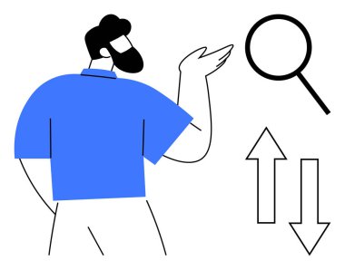 Mavi gömlekli sakallı adam, yukarı ve aşağı oklu büyüteçle bakıyor. Arama, karar verme, analitik, trendler, değerlendirme, büyüme, berraklık kavramları için idealdir. Minimalist düz metafor