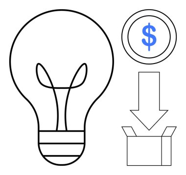 Ampul, bozuk para, kutuyu gösteren ok. Yenilik, finans, tasarruf, e-ticaret, yaratıcılık optimizasyon yatırımı için ideal. Basit düz metafor