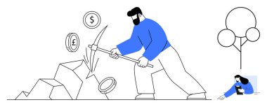Kazma kullanan adam dolar, pound ve euro işaretlerini ortaya çıkarmak için taş kırıyor. Finans, yatırım, kripto para birimi, çaba, sıkı çalışma, ekonomik fırsatlar ve basit iniş sayfası için ideal