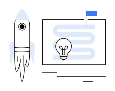 Roket bir yol haritasının yanında bir ampul ve bir bayrak ile fırlatılıyor. Yenilik, strateji, başarı, planlama, yaratıcılık, başlangıç, hedef başarı için idealdir. Modern basit düz metafor