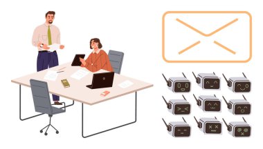 Dijital cihazlarla bir masada tartışan iki profesyonel. Çeşitli ifadeleri olan birden fazla yapay zeka robotu. Büyük zarf e-postayı temsil ediyor. Takım çalışması için ideal, otomasyon, teknoloji, yapay zeka iletişimi