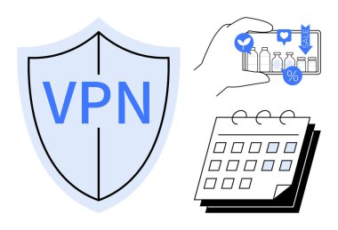 VPN mesajlı kalkan, satış simgeleriyle online alışveriş için akıllı telefon ve takvim planlayıcısı. Siber güvenlik, e-ticaret, planlama, mahremiyet, üretkenlik, güvenlik koruması için ideal