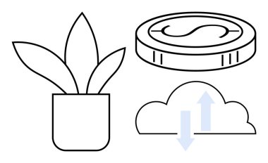 Saksı bitkisi büyümeyi simgeler, madeni para zenginliği simgeler, yukarı ve aşağı oklar veri alışverişini gösterir. Sürdürülebilirlik, finans, teknoloji, yenilik, ekonomi ve bulut hesaplama için ideal