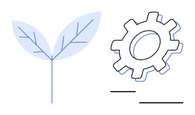 Mekanik bir teçhizatın yanında, doğa ve teknolojiyi birleştiren iki dalı olan bir yaprak. Çevre teknolojisi, yenilik, sürdürülebilirlik, endüstriyel büyüme, çevresel uyum ve yeşil enerji için ideal