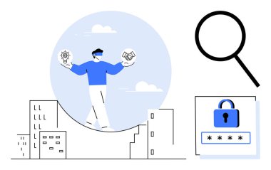 Binaların üzerinde yürüyen biri güvenlik kilidi, şifresi ve büyüteç olan teknoloji simgeleri tutuyor. Siber güvenlik, yenilik, denge, risk yönetimi ve teknoloji için ideal