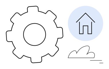 Vites, çizilmiş ev, yumuşak bulut, minimal çizgi tasarımı. Teknoloji, ev otomasyonu, yenilik, takım çalışması, konut endüstrisi enerji verimliliği için ideal basit iniş sayfası