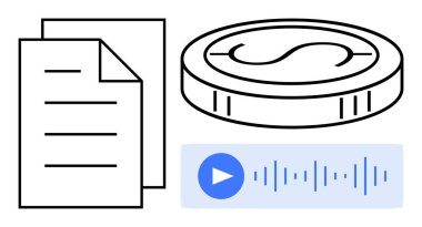 Belgeler, madeni para ve ses dalgaları veri, finans, ödeme sistemleri, medya ile oynat düğmesi görüntüleme. Bilgi paylaşımı, dijital para birimi, içerik oluşturma çevrimiçi işlemler için ideal ses