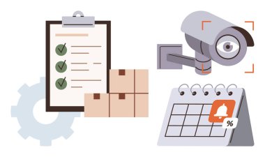Kayıt kutulu güvenlik kamerası, panoda kontrol listesi, karton kutular ve alarm simgesi olan takvim. Güvenlik, görev yönetimi, hatırlatıcılar, lojistik, planlama izleme programı için ideal