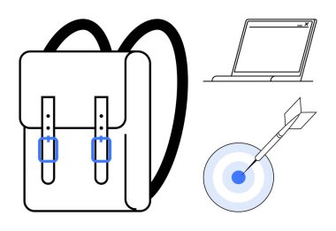 Öğrenmeyi sembolize eden sırt çantası, iş ve teknolojiyi simgeleyen dizüstü bilgisayar, hedefleri dart olan hedefler. Eğitim, kariyer, e-öğrenme, odaklanma ve kişisel gelişim için ideal. Basit bir daire.