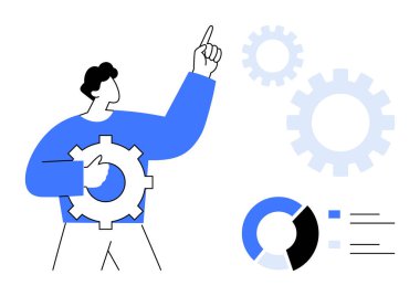 Vites ve grafiklerle çevrili bir adam dişlileri tutuyor ve yukarı bakıyor. Takım çalışması, yenilik, analitik, süreç geliştirme, problem çözme, iş stratejisi pazarlaması için idealdir. Basit düz