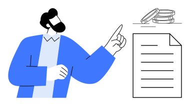 Belgeye işaret eden ve para biriktiren işadamı, mali hedefleri, planlama, bütçe, muhasebe, yatırım, eğitim ve karar verme mekanizmasını ön plana çıkarıyor. Basit düz metafor için ideal