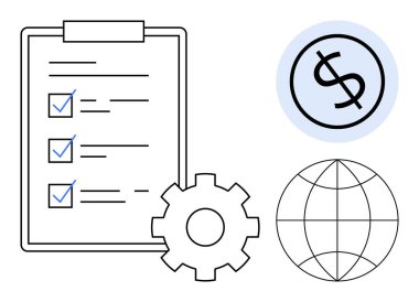 Kontrol listesi olan bir pano, işlem için bir vites, küresel dürbün için bir küre ve finans için bir dolar işareti. İş planlaması, strateji, finans yönetimi, küreselleşme, iş akışı ekonomisi için ideal