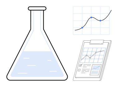 Konik şişe kısmen sıvı, çizgi grafiği ve büyüme eğilimlerini vurgulayan pano ile dolu. Bilim, araştırma, analitik, eğitim, ilerleme, yenilik ve veri görselleştirme için ideal