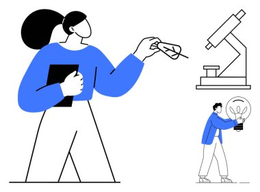 Bir kadın, elinde bir dosya, yanında bir mikroskop, elinde bir çiçek ampulü olan bir yaprak gözlemliyor. Bilim, araştırma, doğa, yenilik, eğitim ortamı biyolojisi için idealdir. Basit düz metafor