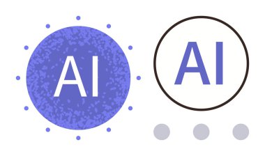 Noktalı desenli ve siyah çizgili daireli mavi daireli yapay zeka metni. Altında üç gri nokta var. Teknoloji, yenilik, yapay zeka, dijital araçlar, fütüristik fikirler, yazılım, basit takım çalışması için ideal