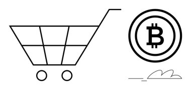 Alışveriş arabası ve Bitcoin logosu dijital işlemlerde kripto para birimini gösteriyor. E-ticaret için ideal, çevrimiçi ödemeler, engelleme zinciri, yatırım, yenilik, fintech, dijital ekonomi. Basit düz