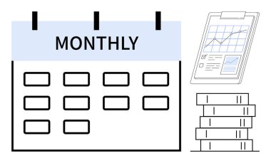 Aylık olarak etiketlenmiş takvim ızgarası, grafikleri ve verileri gösteren pano ve belge yığını. Planlama, planlama, verimlilik, analitik, organizasyon iş akışı finansal yapısı için idealdir. Basit.